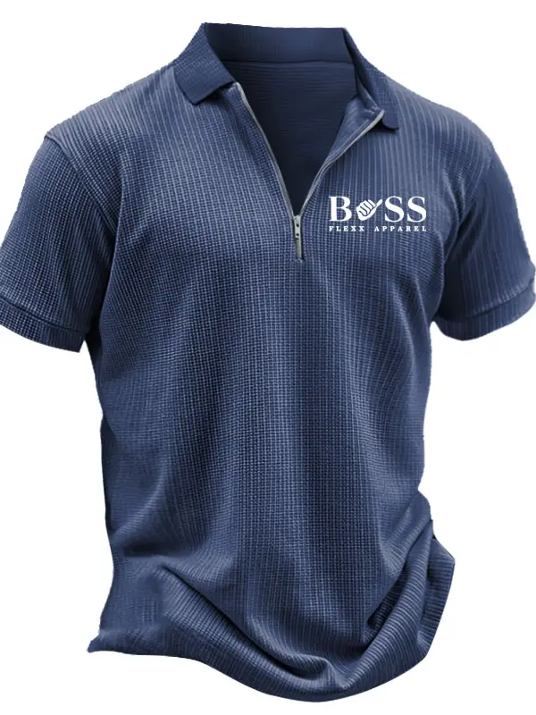 Men's Vintage Waffle Knit Zip-Up Polo Short Sleeve T-shirt - Simplyion.com 