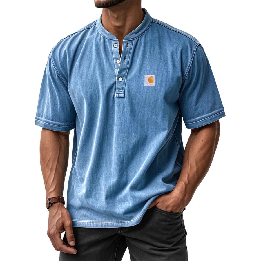 

Men's Vintage Distressed Pocket Henley Short Sleeve T-Shirt