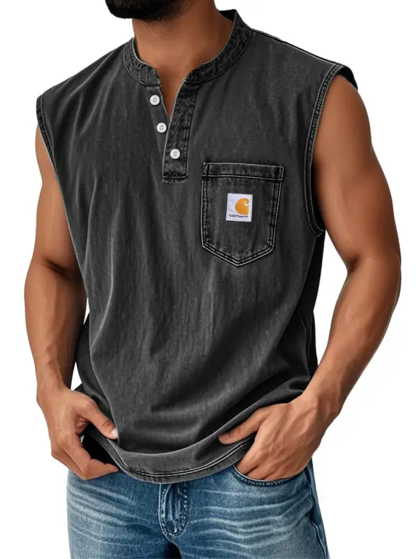 Carhartt Men's Vintage Distressed Pocket Henley Sleeveless Tank Top - Pragmaace.com 