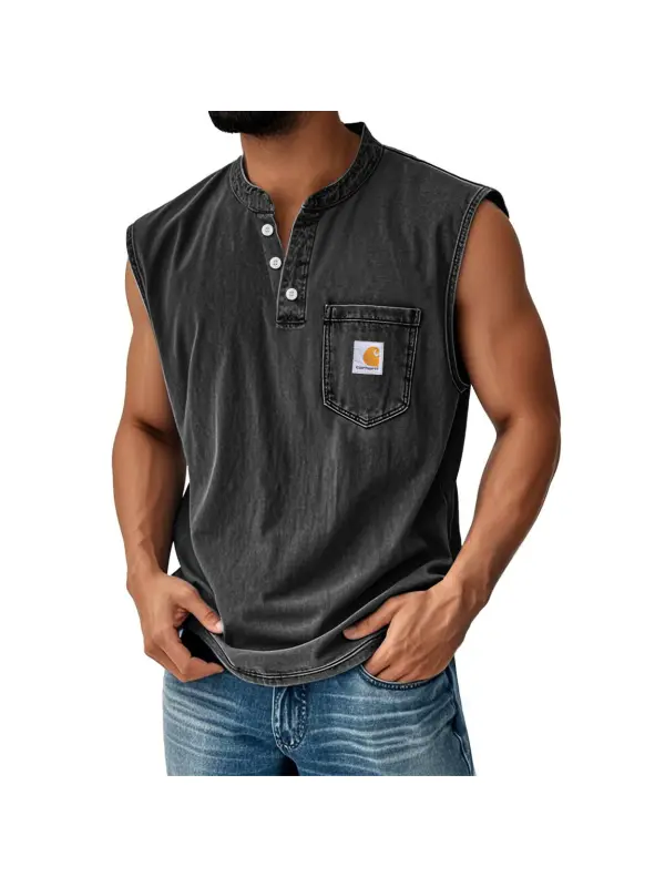 Men's Vintage Distressed Pocket Henley Sleeveless Tank Top - Ootdmw.com 