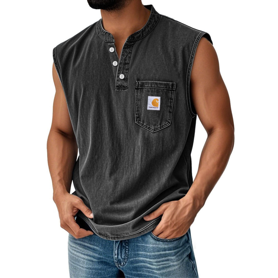 

Men's Vintage Distressed Pocket Henley Sleeveless Tank Top