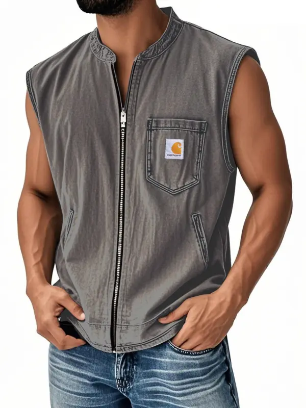 Men's Vintage Distressed Pocket Zip Vest - Menbarn.com 