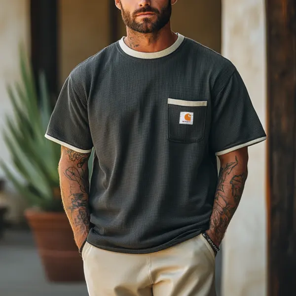 Men's Vintage Waffle Fabric Knit Black Mesh T-Shirt - Perfect For Summer Outdoors - Spiretime.com 