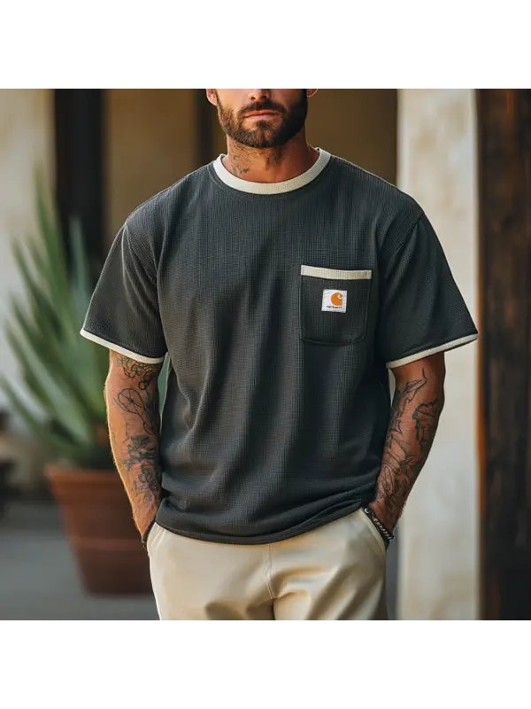Men's Vintage Waffle Fabric Knit Black Mesh T-Shirt - Perfect For Summer Outdoors - Anrider.com 