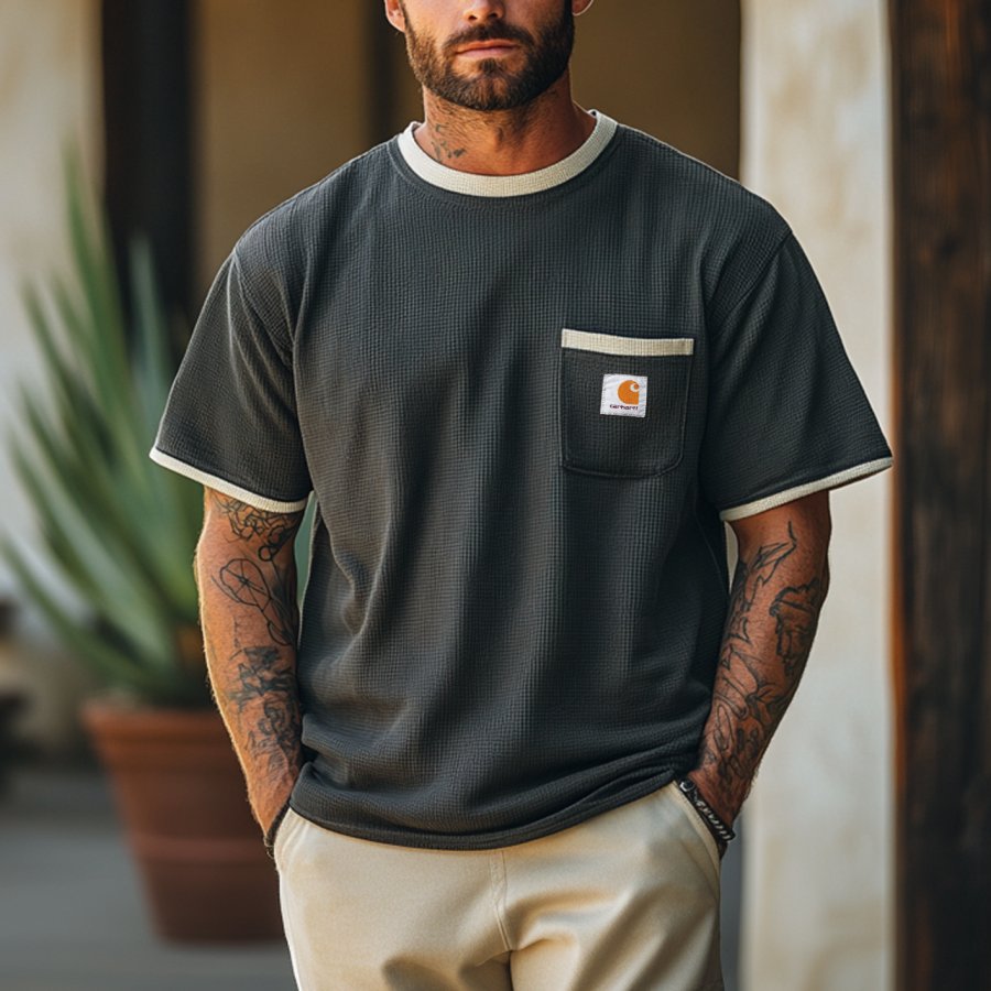 

Men's Vintage Waffle Fabric Knit Black Mesh T-Shirt - Perfect For Summer Outdoors