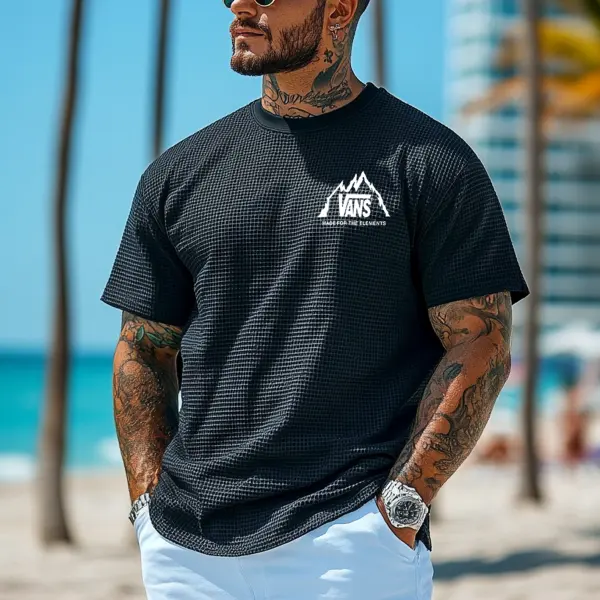 Men's Vintage Waffle Knit Surf Black Short Sleeve Crew Neck T-Shirt - Spiretime.com 