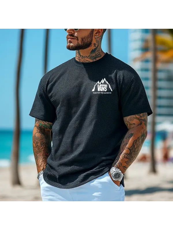 Men's Vintage Waffle Knit Surf Black Short Sleeve Crew Neck T-Shirt - Ootdmw.com 