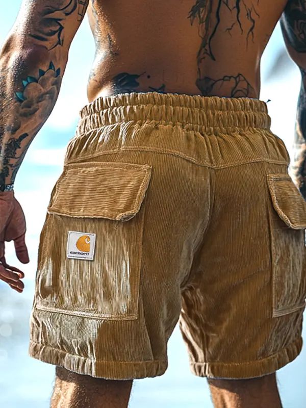 Men's Casual Corduroy Cargo Shorts With Multiple Pockets For Summer Beachwear - Menbarn.com 