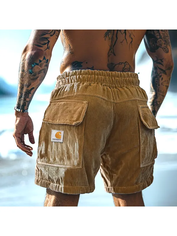 Men's Casual Corduroy Cargo Shorts With Multiple Pockets For Summer Beachwear - Frontiercool.com 