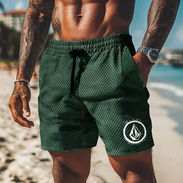Men's Honeycomb Grid Lightweight Quick-Dry Beach Shorts With Stylish Palm Print Design - Wayrates.com 