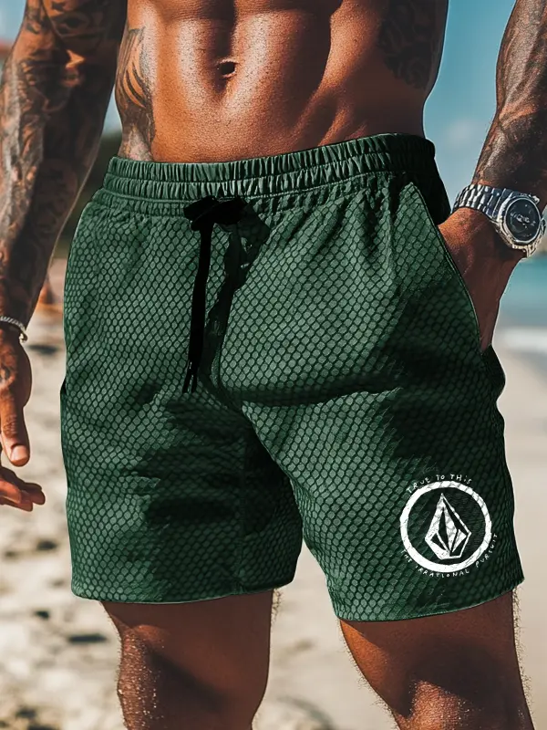 Men's Honeycomb Grid Lightweight Quick-Dry Beach Shorts With Stylish Palm Print Design - Menbarn.com 