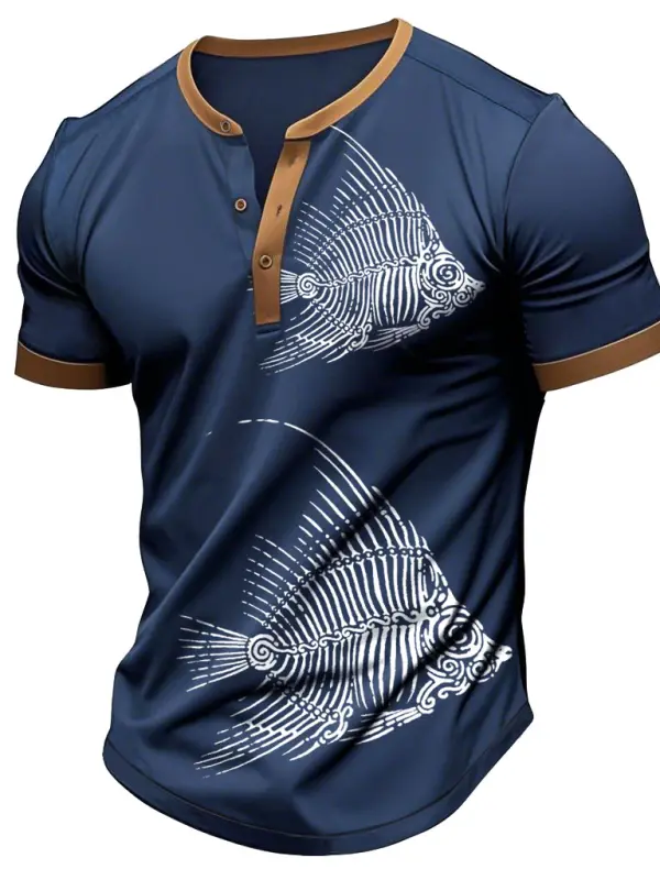 Men's Vintage Ocean Fish Hawaii Print Color Block Henley Collar Short Sleeve T-Shirt - Simplyion.com 
