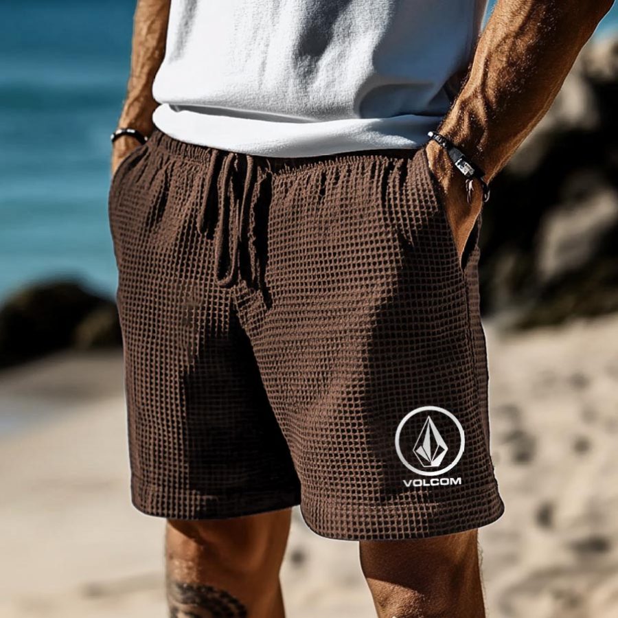 

Men's Vintage Waffle Knit Surf Brown Elastic Drawstring Shorts
