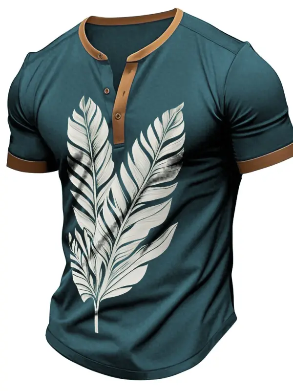 Men's Vintage Banana Leaf Hawaii Print Color Block Henley Collar Short Sleeve T-Shirt - Simplyion.com 