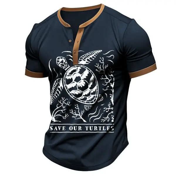 Men's Vintage Save Our Turtles Print Color Block Henley Collar Short Sleeve T-Shirt - Cotosen.com 