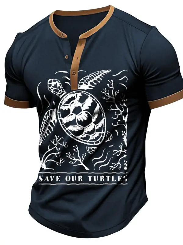 Men's Vintage Save Our Turtles Print Color Block Henley Collar Short Sleeve T-Shirt - Simplyion.com 