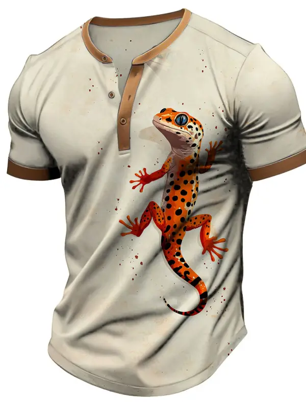 Men's Vintage Gecko Print Color Block Henley Collar Short Sleeve T-Shirt - Wantbright.com 