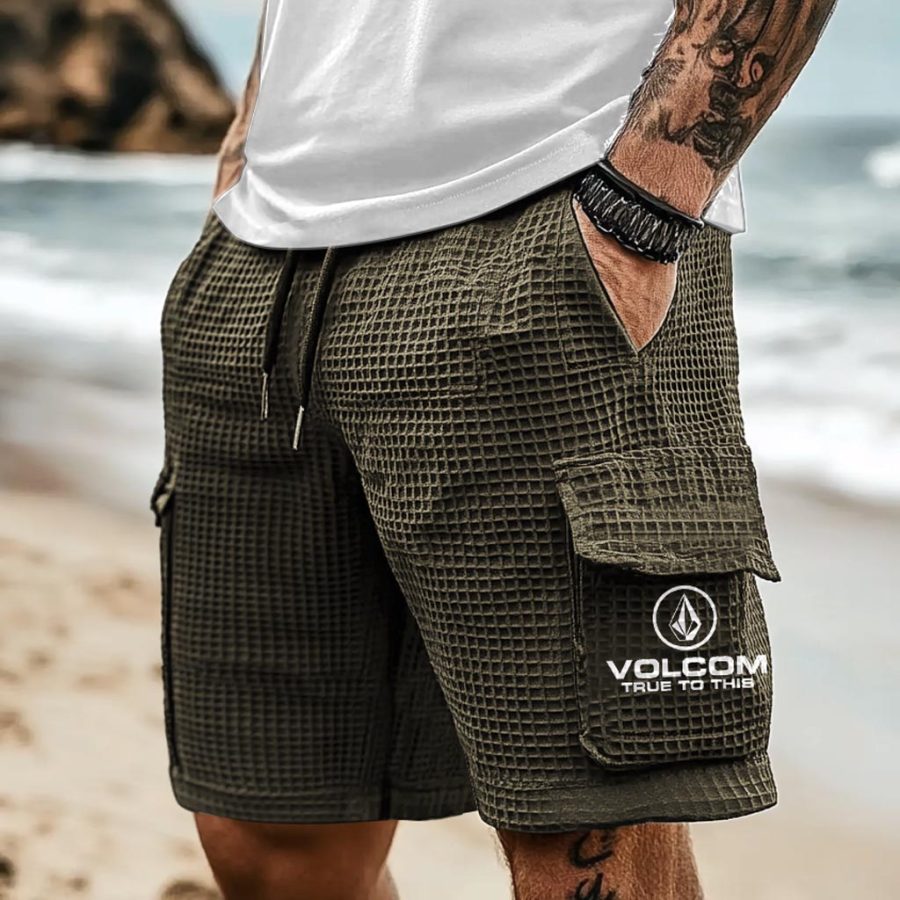 

Men's Vintage Waffle Knit Casual Elastic Drawstring Walkshort Surf Cargo Shorts