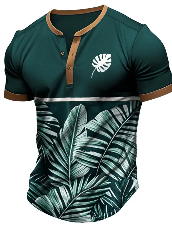 Men's Vintage Banana Leaf Print Color Block Henley Collar Short Sleeve T-Shirt - Simplyion.com 
