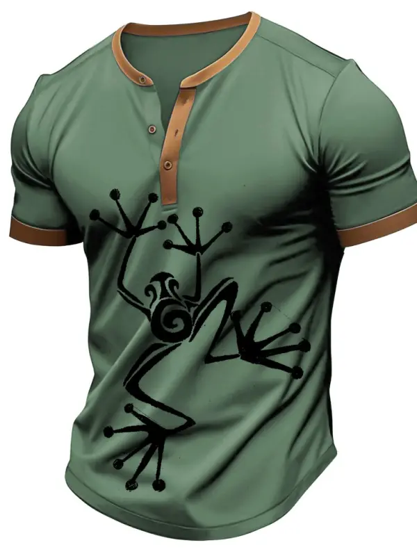 Men's Vintage Frog Print Color Block Henley Collar Short Sleeve T-Shirt - Simplyion.com 