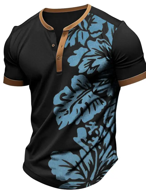 Men's Vintage Banana Leaf Hibiscus Hawaiian Print Color Block Henley Collar Short Sleeve T-Shirt - Simplyion.com 