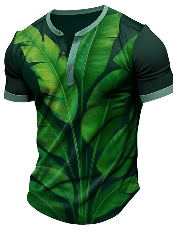 Men's Vintage Banana Leaf Hawaii Print Color Block Henley Collar Short Sleeve T-Shirt - Simplyion.com 