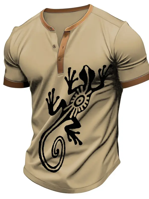 Men's Vintage Gecko Print Color Block Henley Collar Short Sleeve T-Shirt - Simplyion.com 