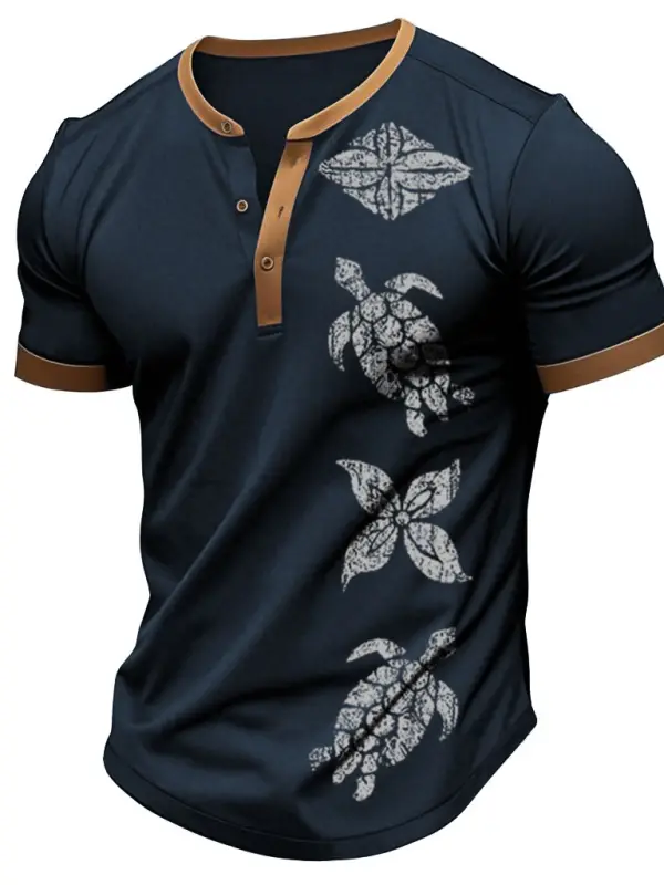 Men's Vintage Turtle Floral Hawaii Print Color Block Henley Collar Short Sleeve T-Shirt - Simplyion.com 
