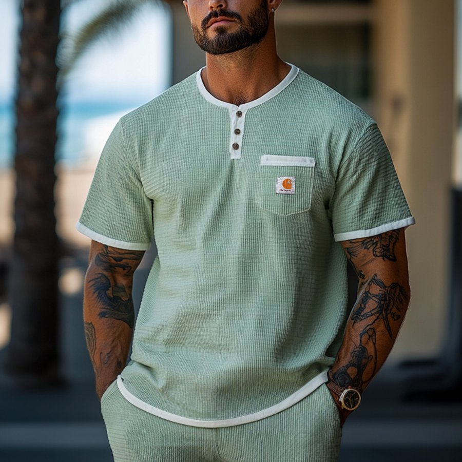 

Men's Vintage Waffle Fabric Knit Light Green Mesh Henley Neck T-Shirt - Perfect For Summer Outdoors