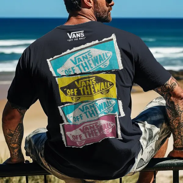 Men's Vintage Surfing Print T-Shirt White Black - Menzfolk.com 