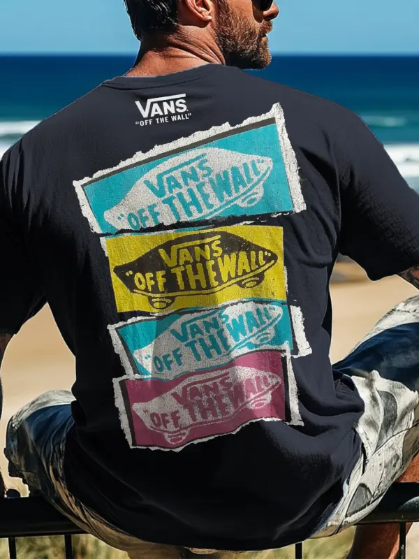 Men's Vintage Surfing Print T-Shirt White Black - Menbarn.com 