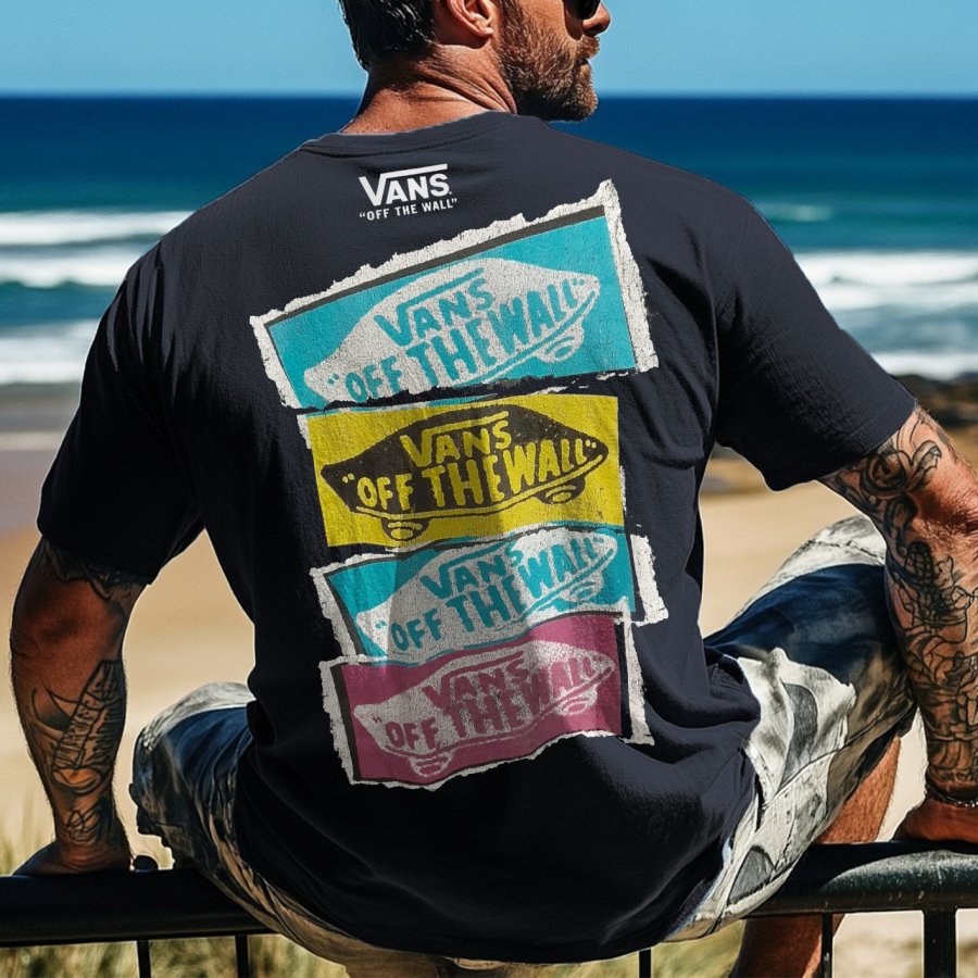 

Men's Vintage Surfing Print T-Shirt White Black