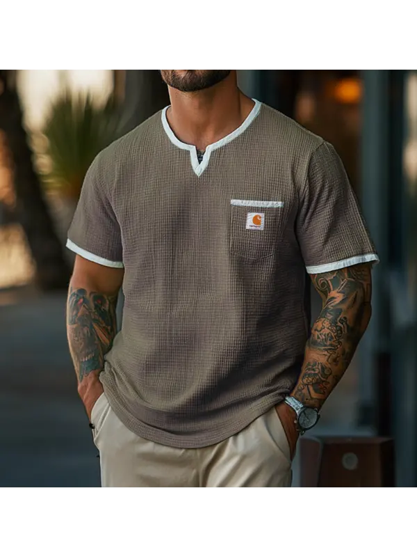 Men's Vintage Waffle Fabric Knit Sand-colored Mesh V-neck T-Shirt - Perfect For Summer Outdoors - Ootdmw.com 