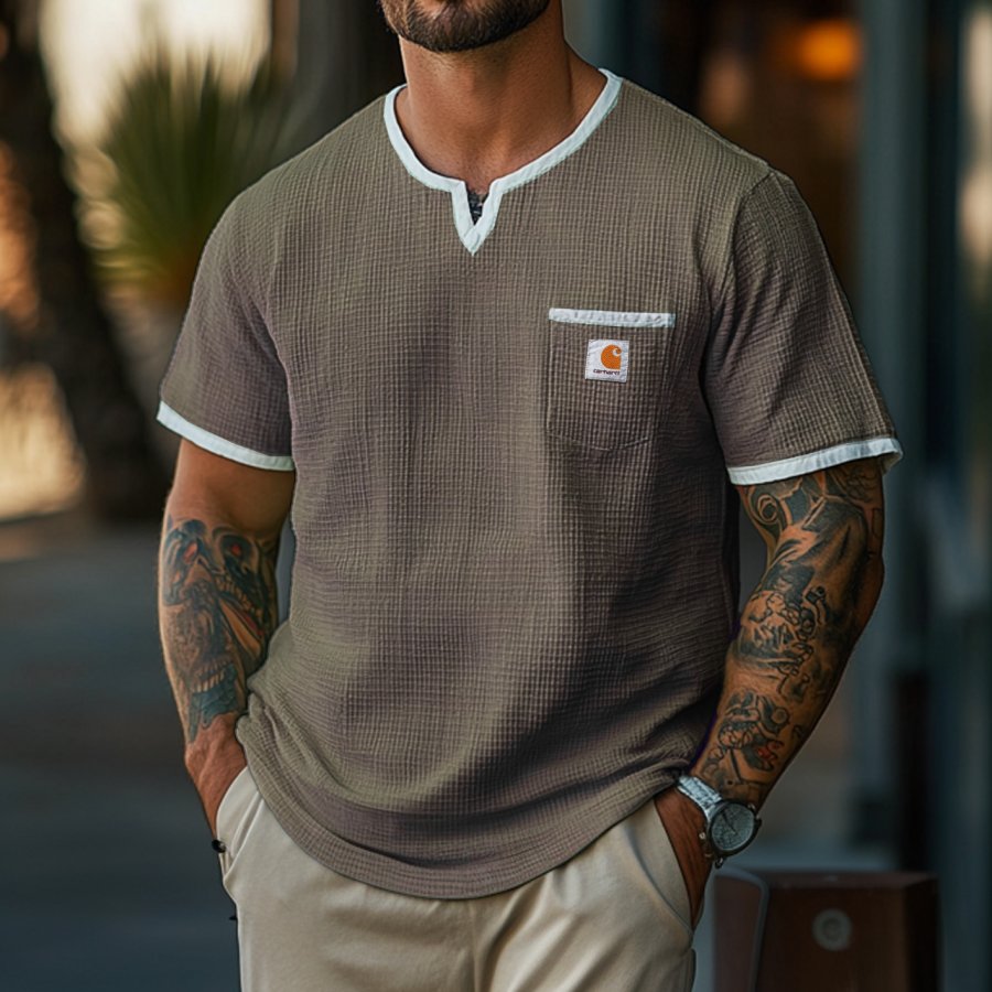 

Men's Vintage Waffle Fabric Knit Sand-colored Mesh V-neck T-Shirt - Perfect For Summer Outdoors