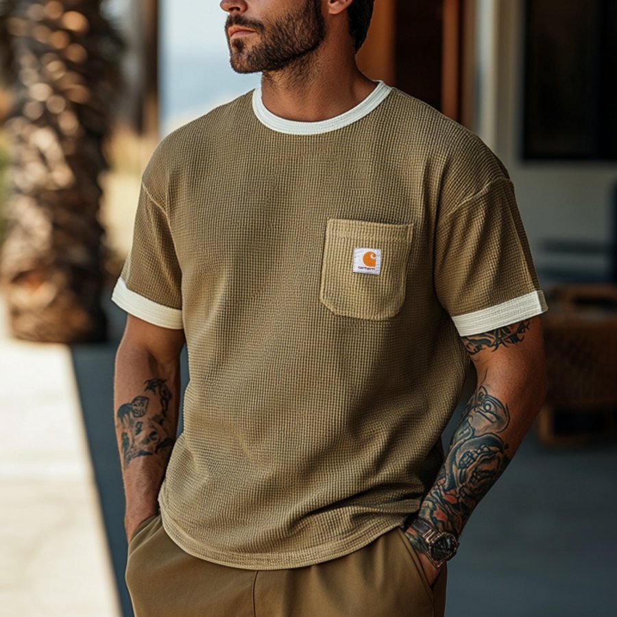 

Men's Vintage Waffle Fabric Knit Sand-colored Green Mesh T-Shirt - Perfect For Summer Outdoors