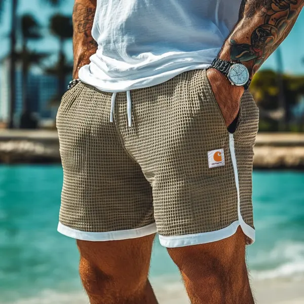 Men's Vintage Sand-colored Waffle Fabric Patchwork Knit Pockets Surf Elastic Drawstring Shorts - Spiretime.com 