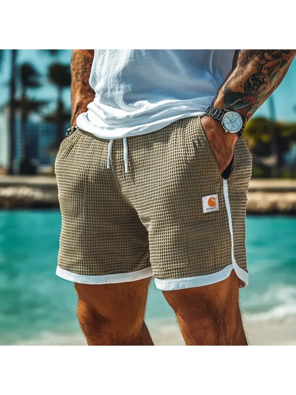 Men's Vintage Sand-colored Waffle Fabric Patchwork Knit Pockets Surf Elastic Drawstring Shorts - Ootdmw.com 