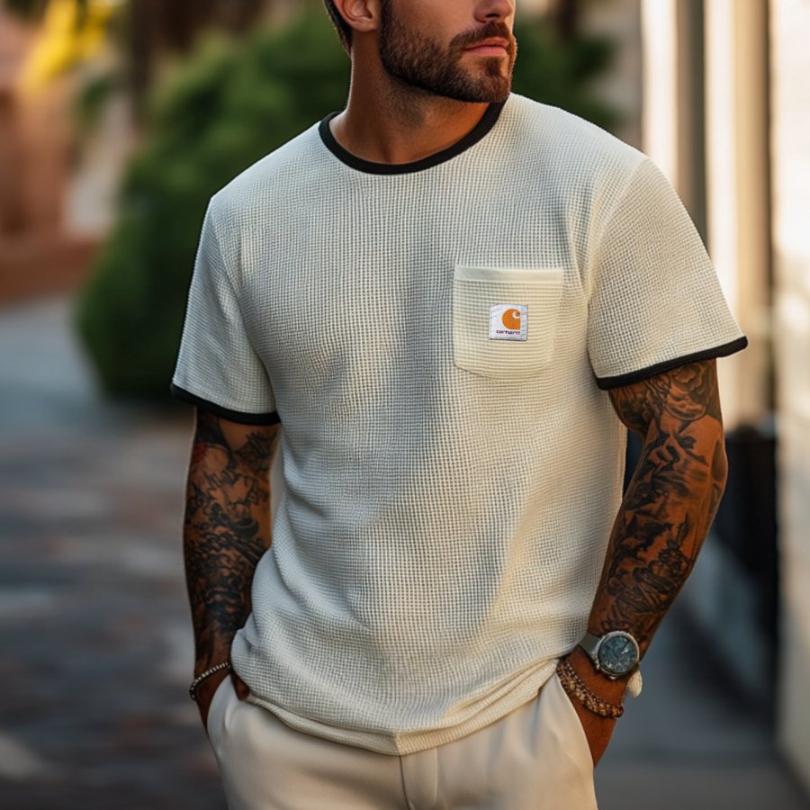 

Men's Vintage Waffle Fabric Knit Off-white Green Mesh T-Shirt - Perfect For Summer Outdoors
