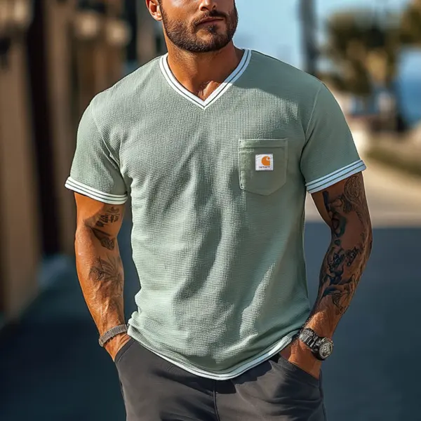 Men's Vintage Waffle Fabric Knit Light Green Mesh V-neck T-Shirt - Perfect For Summer Outdoors - Spiretime.com 
