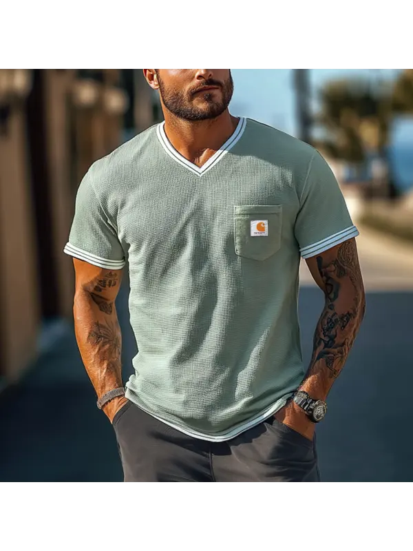 Men's Vintage Waffle Fabric Knit Light Green Mesh V-neck T-Shirt - Perfect For Summer Outdoors - Ootdmw.com 