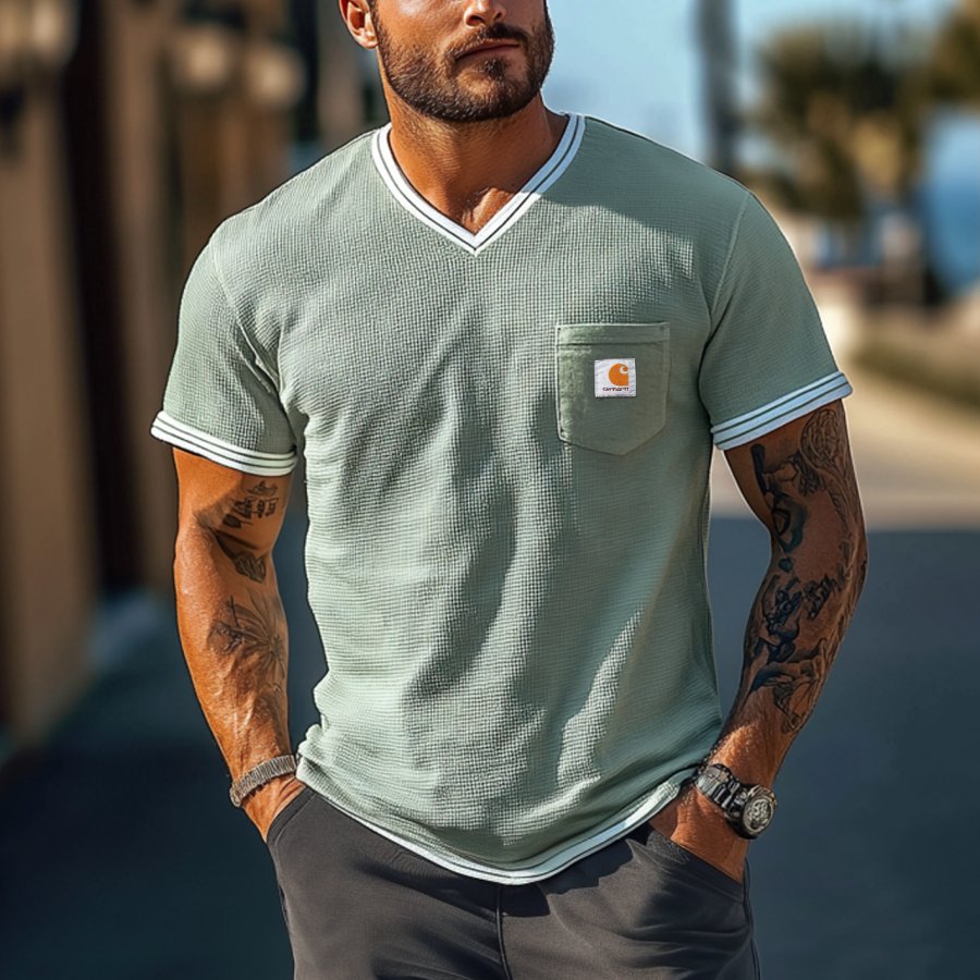 

Men's Vintage Waffle Fabric Knit Light Green Mesh V-neck T-Shirt - Perfect For Summer Outdoors