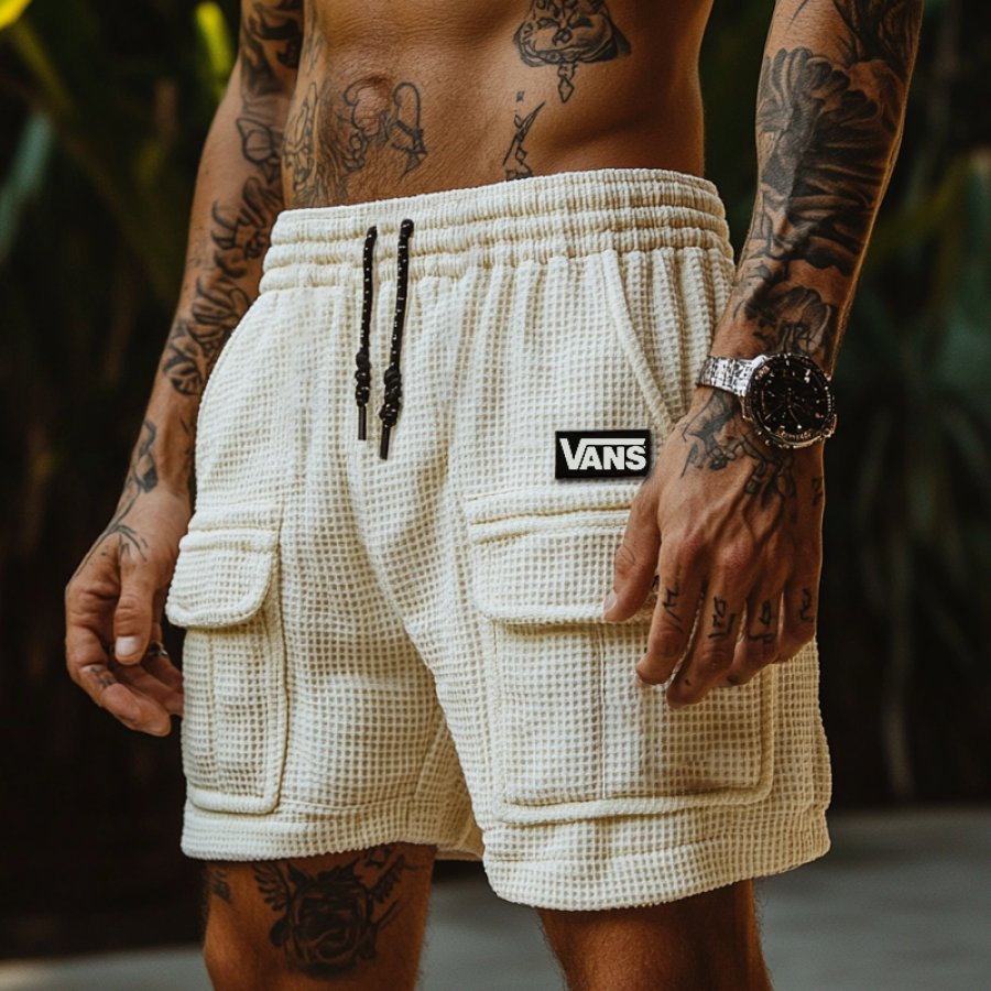 

Vintage Beige Waffle Texture Multiple Pockets Cargo Shorts With Adjustable Drawstring