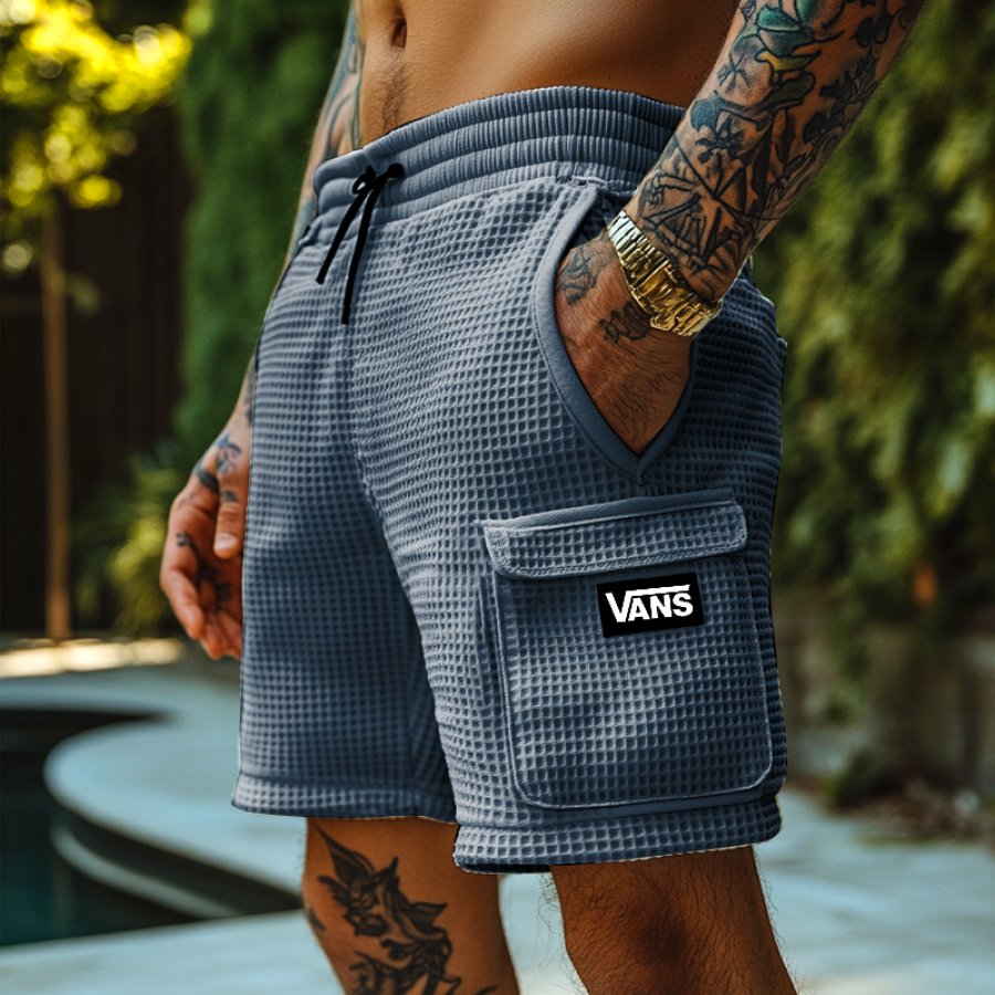 

Vintage Navy Blue Waffle Texture Multiple Pockets Cargo Shorts With Adjustable Drawstring