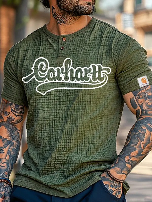 Men's Retro Seersucker Double Gauze Cotton Henley Casual T-shirt - Simplyion.com 