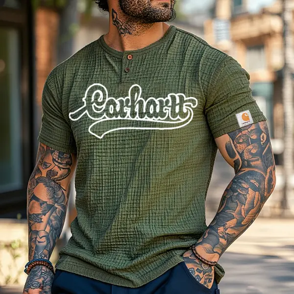 Men's Retro Seersucker Double Gauze Cotton Henley Casual T-shirt - Spiretime.com 