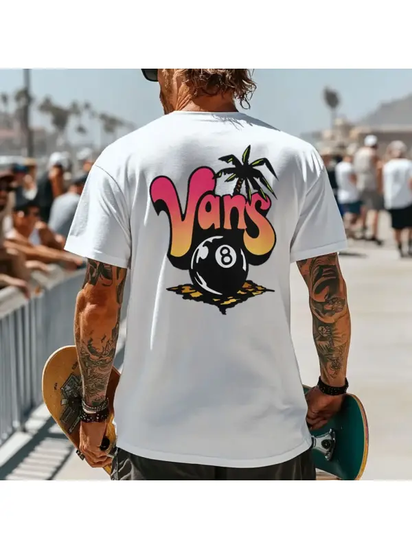 Men's Vintage Paradise Palm Black Ball 8 Skateboard Surf Crew Neck Short Sleeve T-Shirt - Aptkoi.com 