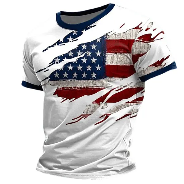 Men's Vintage Independence Day American Flag Print Crew Neck Short Sleeve T-shirt - Menzfolk.com 