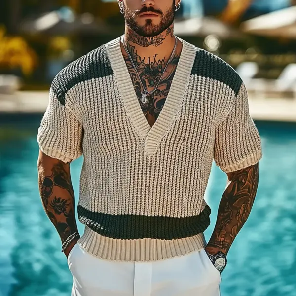 Men's Holiday Crochet Knitted Contrast V-neck Short Sleeve Sweater T-Shirt - Menilyshop.com 