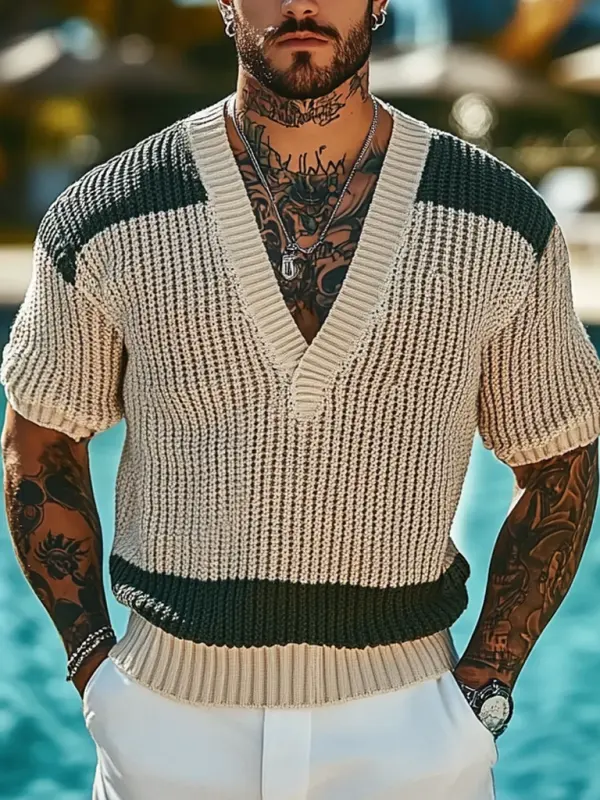 Men's Holiday Crochet Knitted Contrast V-neck Short Sleeve Sweater T-Shirt - Menbarn.com 