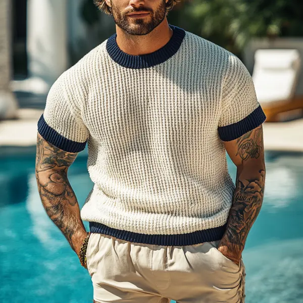 Men's Holiday Crochet Knitted Crew Neck Beige And Navy Short Sleeve Sweater T-Shirt - Menilyshop.com 